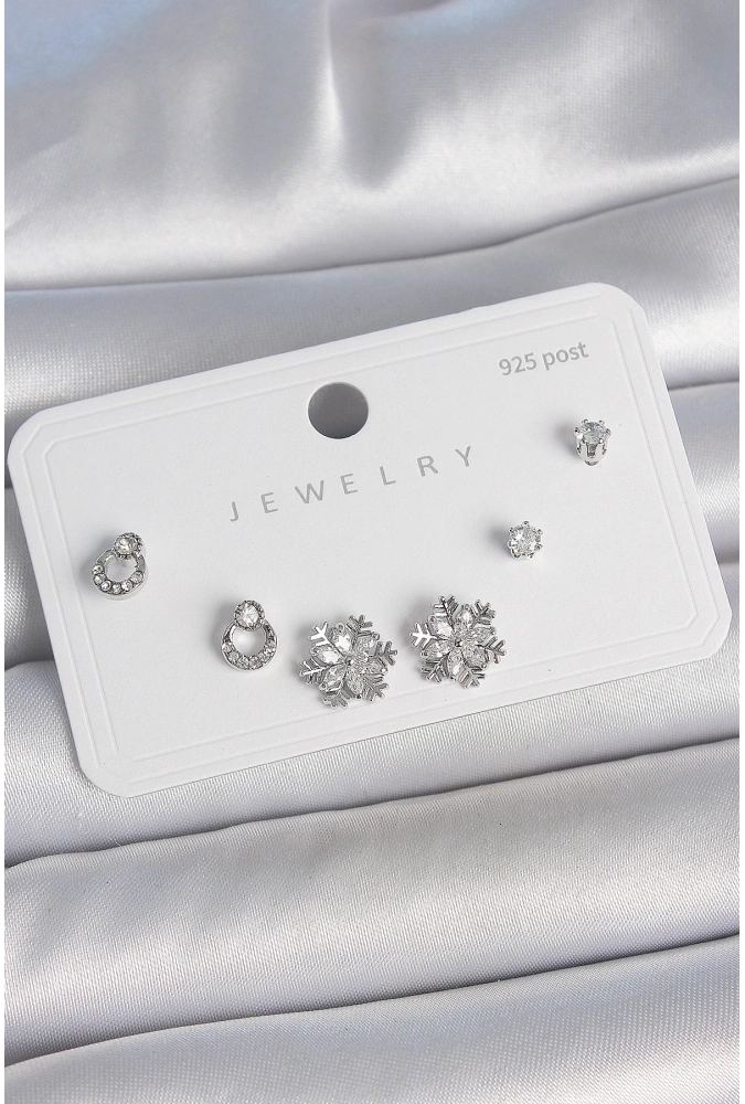 Shoecide Pirinç Gümüş Renk Zirkon Taşlı Kar Tanesi Model 925 Ayar Gümüş Çivi Kadın Küpe Seti