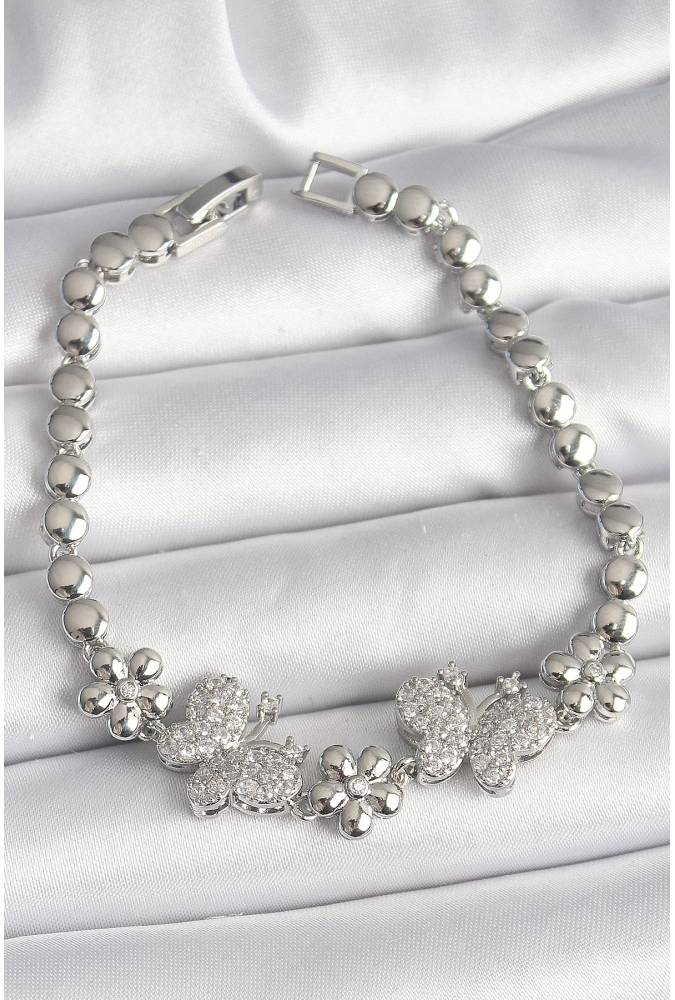 Shoecide Pirinç Gümüş Renk Zirkon Taşlı Kelebek Figür Çiçek Zincir Model Kadın Bileklik