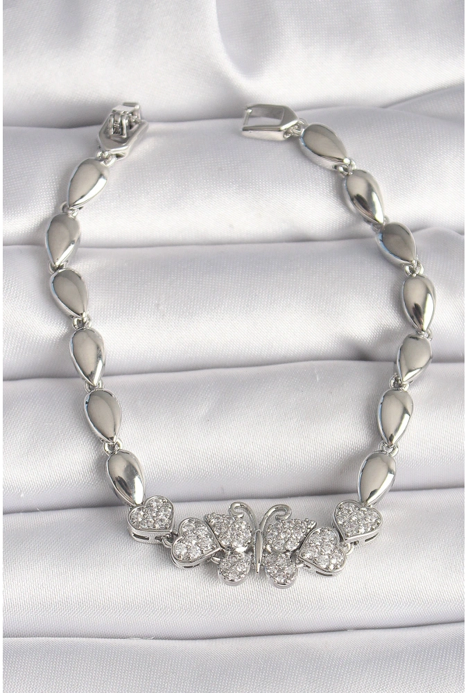 Shoecide Pirinç Gümüş Renk Zirkon Taşlı Kelebek Figür Damla Zincir Model Kadın Bileklik