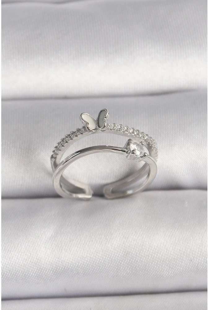 Shoecide Pirinç Gümüş Renk Zirkon Taşlı Kelebek Figürlü Ayarlanabilir Yüzük