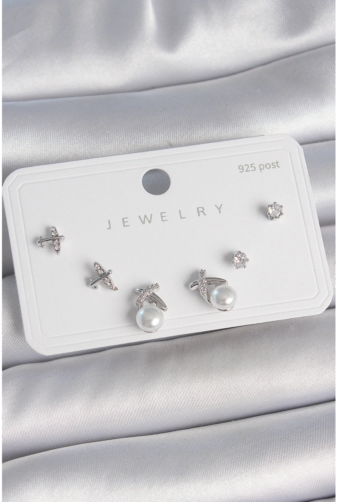 Shoecide Pirinç Gümüş Renk Zirkon Taşlı Kelebek Model İnci Detay 925 Ayar Gümüş Çivi Kadın Küpe Seti