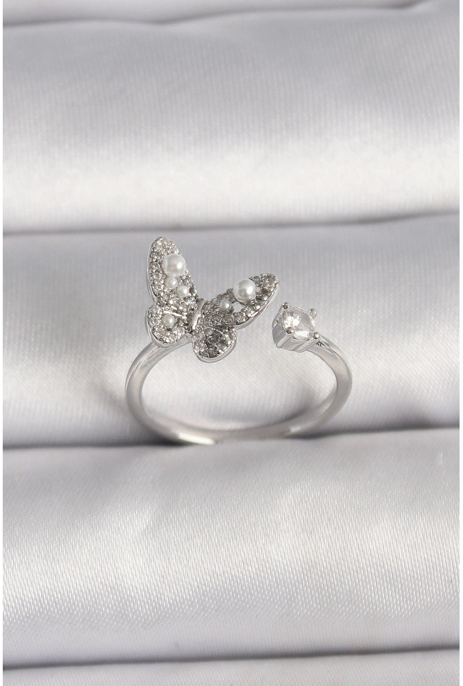 Shoecide Pirinç Gümüş Renk Zirkon Taşlı Kelebek Model İnci Detay Ayarlanabilir Yüzük