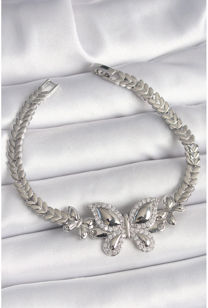 Shoecide Pirinç Gümüş Renk Zirkon Taşlı Kelebek Model Kadın Bileklik