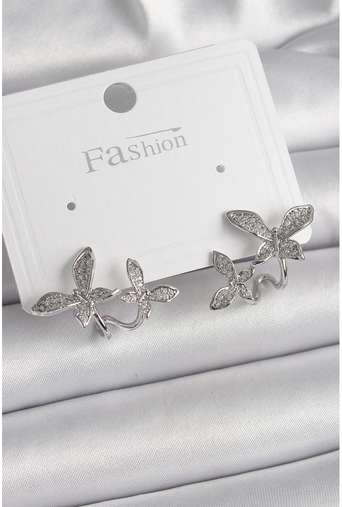 Shoecide Pirinç Gümüş Renk Zirkon Taşlı Kelebek Model Kadın Küpe