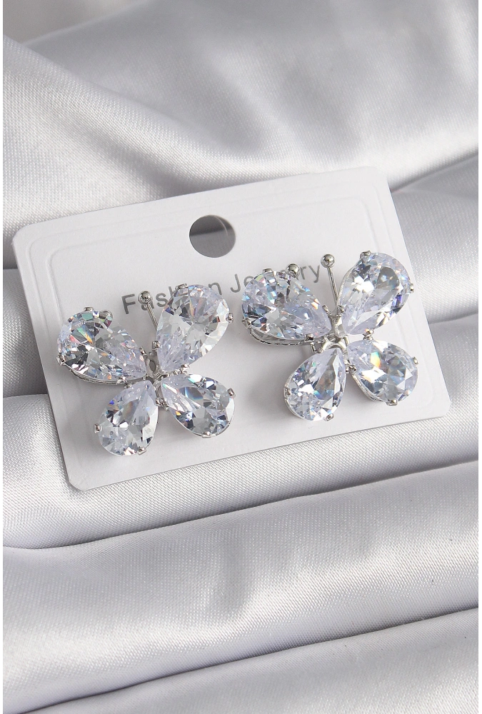 Shoecide Pirinç Gümüş Renk Zirkon Taşlı Kelebek Model Kadın Küpe