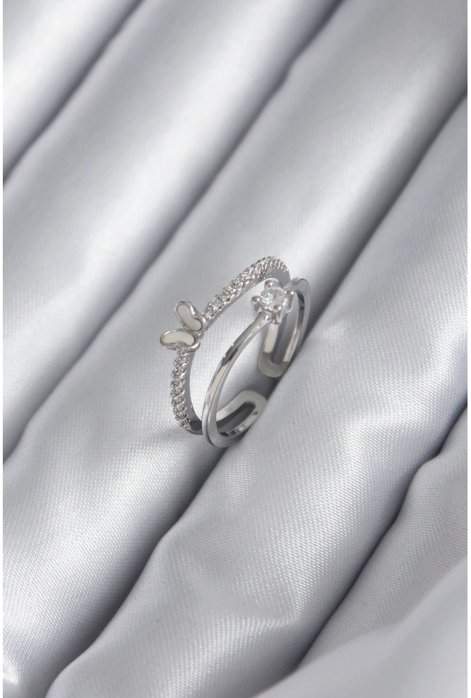 Shoecide Pirinç Gümüş Renk Zirkon Taşlı Kelebek Model Kadın Yüzük