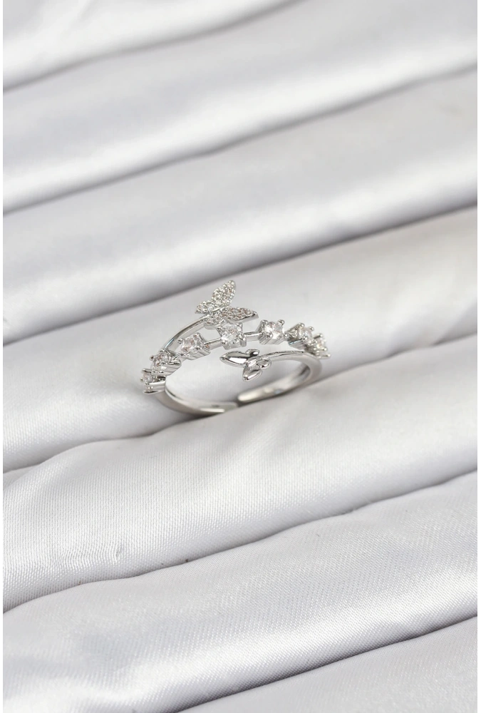 Shoecide Pirinç Gümüş Renk Zirkon Taşlı Kelebek Model Kadın Yüzük