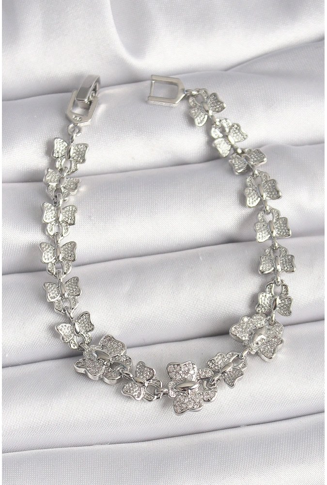 Shoecide Pirinç Gümüş Renk Zirkon Taşlı Kelebek Model Zincir Kadın Bileklik