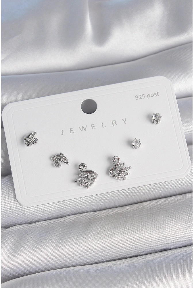 Shoecide Pirinç Gümüş Renk Zirkon Taşlı Kuğu Model 925 Ayar Gümüş Çivi Kadın Küpe Seti