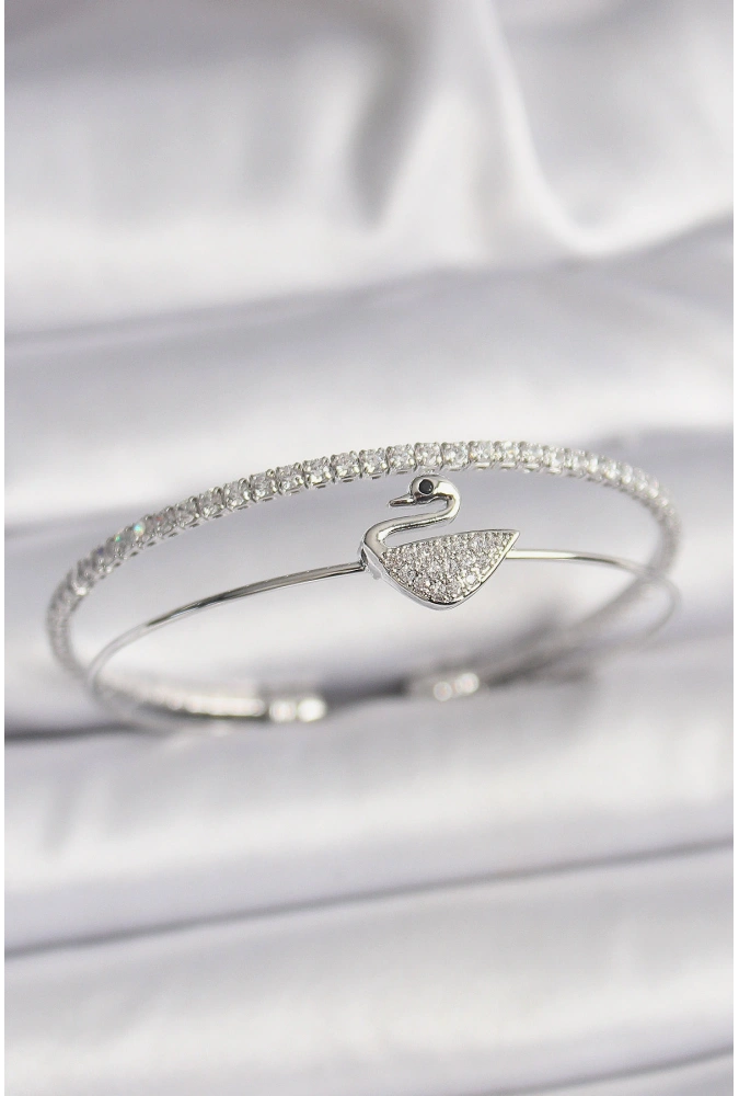 Shoecide Pirinç Gümüş Renk Zirkon Taşlı Kuğu Model Kadın Bileklik