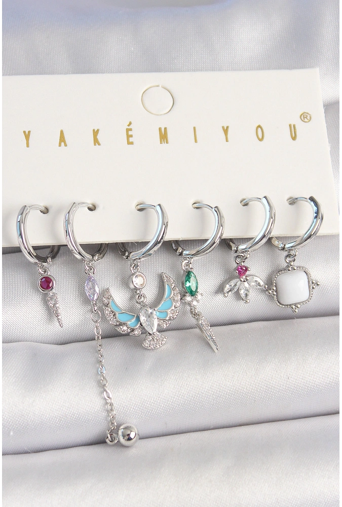 Shoecide Pirinç Gümüş Renk Zirkon Taşlı Kuş Figür Çiçek Detay 6lı Kadın Kombin Küpe