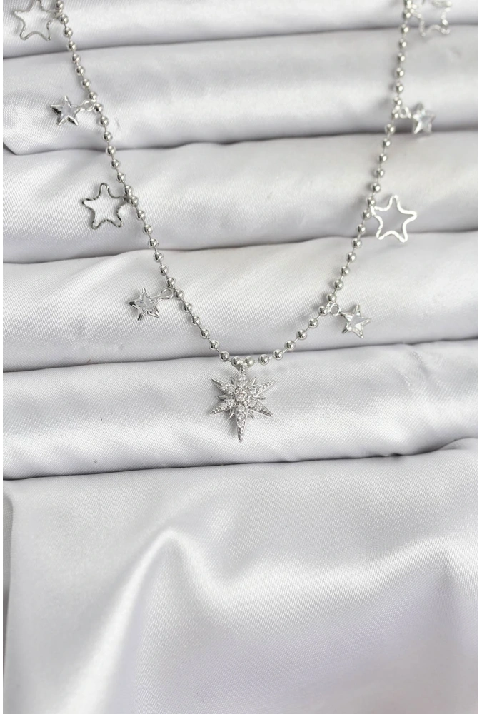 Shoecide Pirinç Gümüş Renk Zirkon Taşlı Kutup Yıldızı Model Kadın Kolye