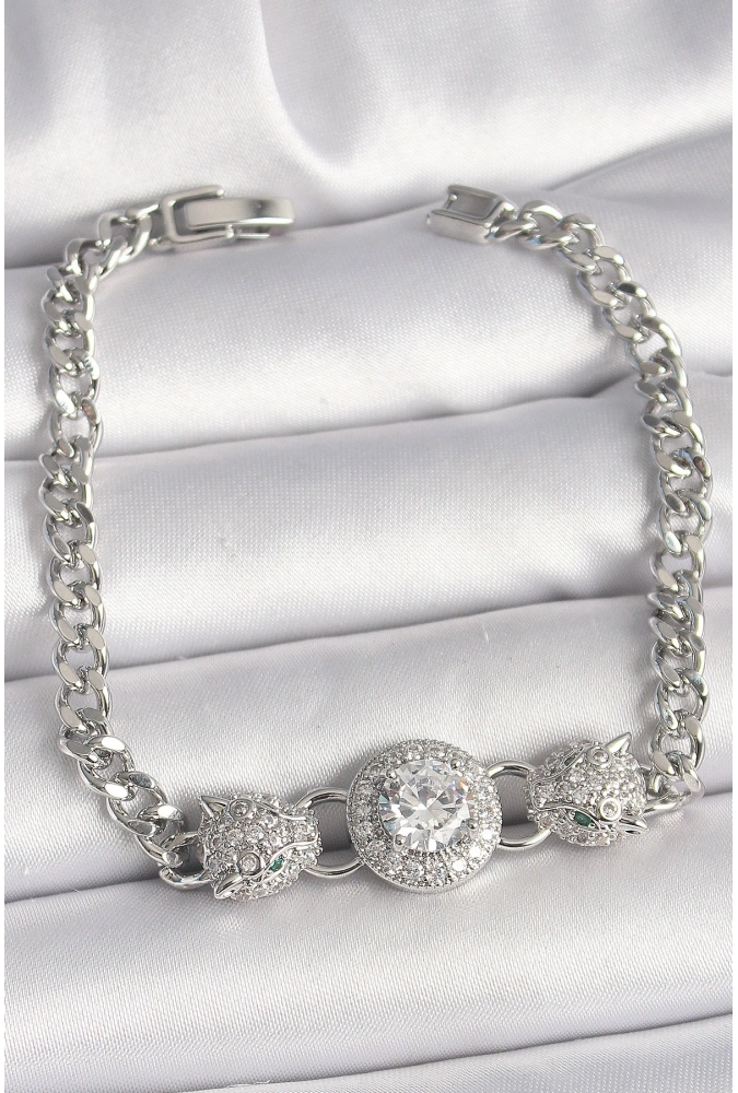 Shoecide Pirinç Gümüş Renk Zirkon Taşlı Leopar Figür Zincir Model Kadın Bileklik