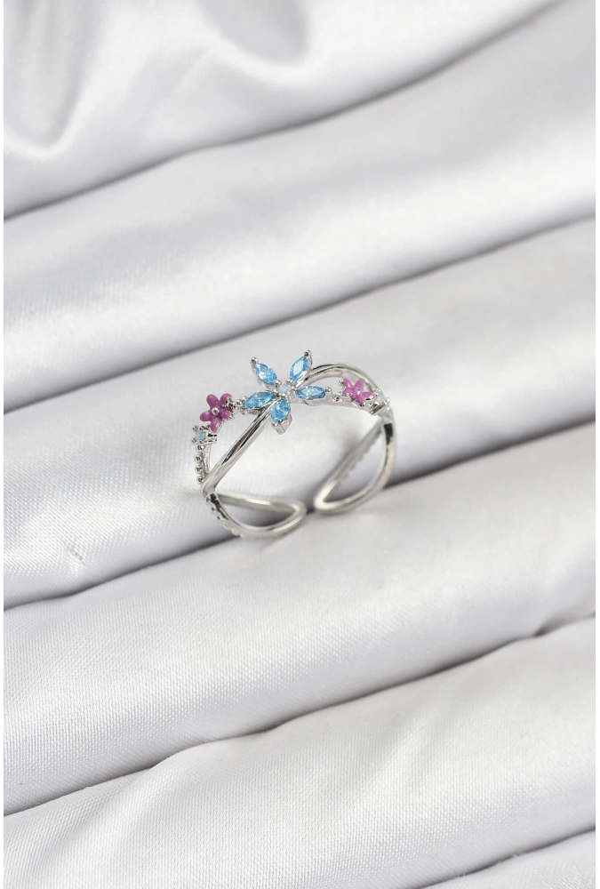 Shoecide Pirinç Gümüş Renk Zirkon Taşlı Mavi Çiçekli Kadın Yüzük