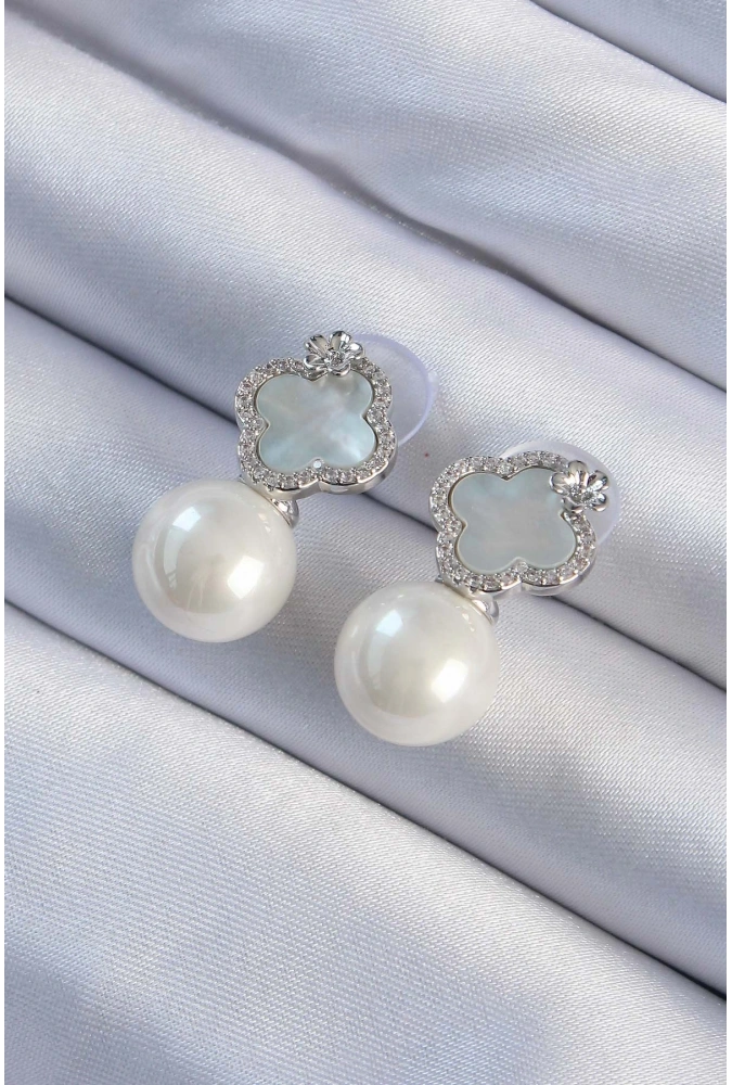 Shoecide Pirinç Gümüş Renk Zirkon Taşlı Minimal Çiçek Tasarımlı Kadın Küpe