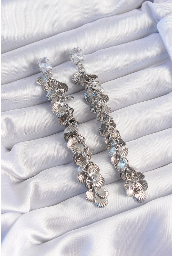 Shoecide Pirinç Gümüş Renk Zirkon Taşlı Minimal Deniz Kabuklu Sallantılı Küpe