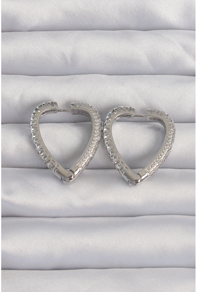 Shoecide Pirinç Gümüş Renk Zirkon Taşlı Motifli Kalp Küpe