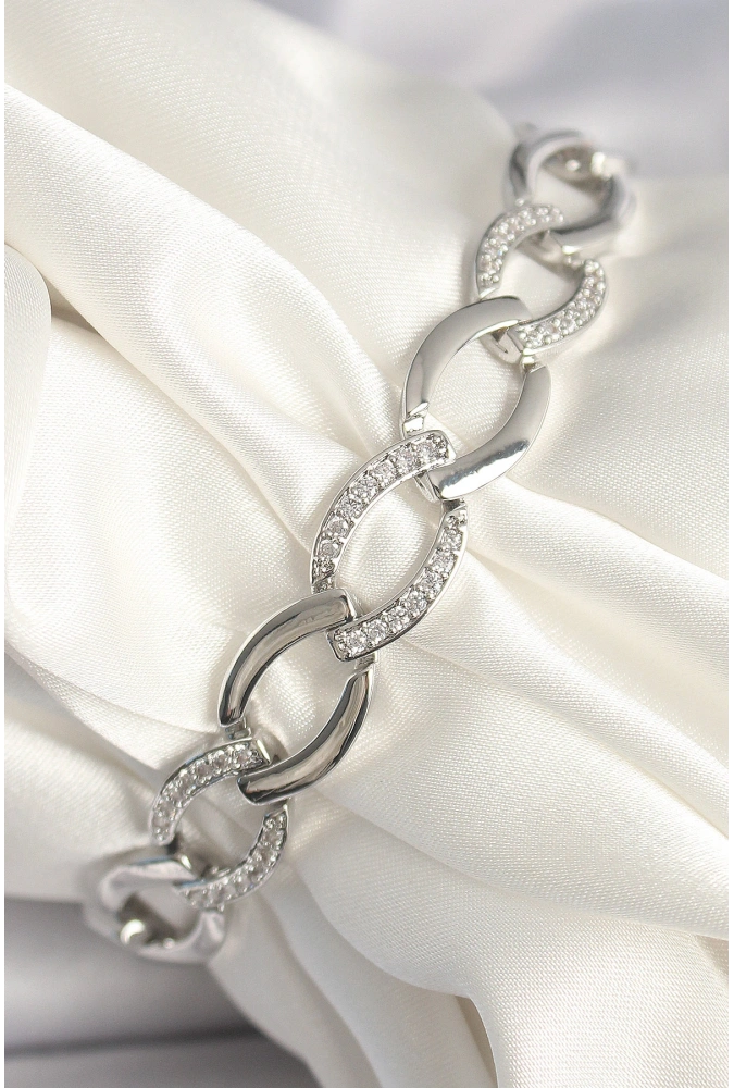 Shoecide Pirinç Gümüş Renk Zirkon Taşlı Oval Zincir Model Kadın Bileklik