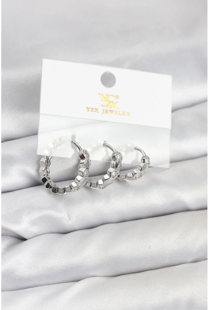 Shoecide Pirinç Gümüş Renk Zirkon Taşlı Petek Halka Model Ysx Trio Küpe Seti