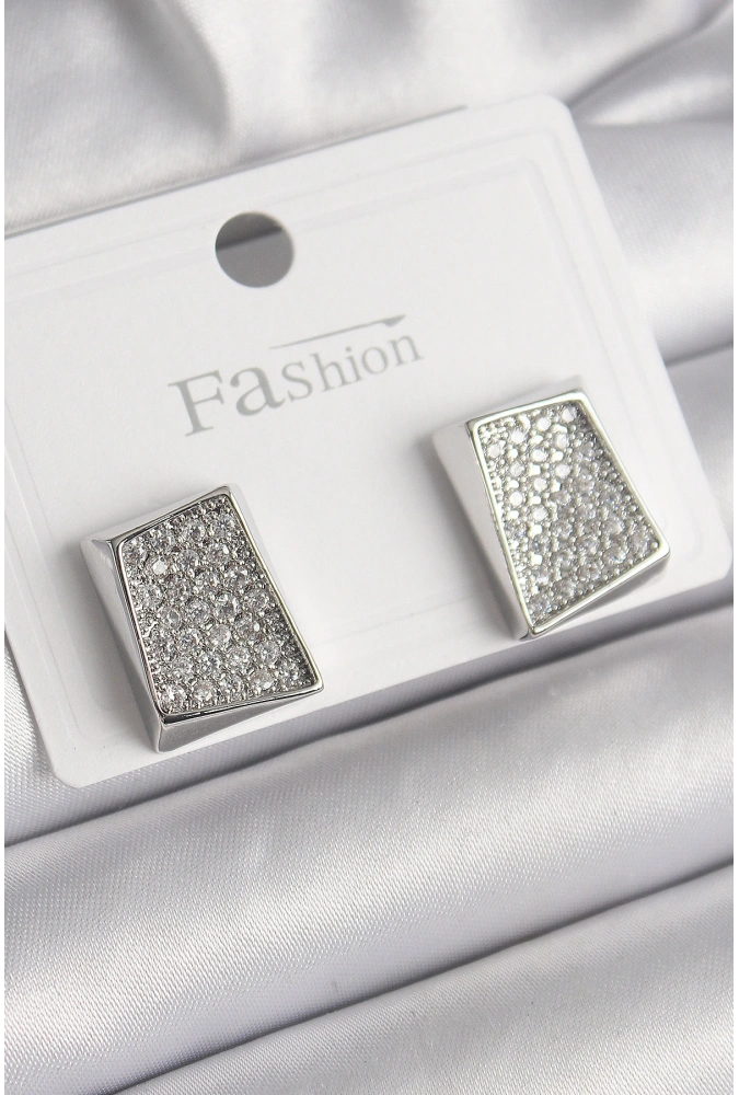 Shoecide Pirinç Gümüş Renk Zirkon Taşlı Plaka Model Kadın Küpe