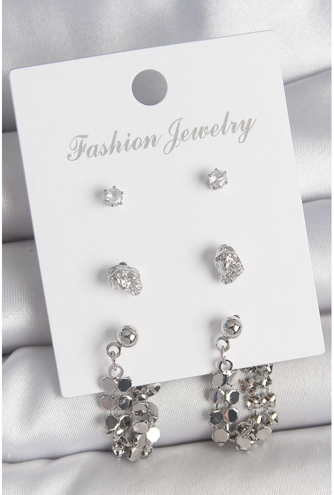 Shoecide Pirinç Gümüş Renk Zirkon Taşlı Pullu Sallantılı Model 3 Çift Kadın Küpe Seti