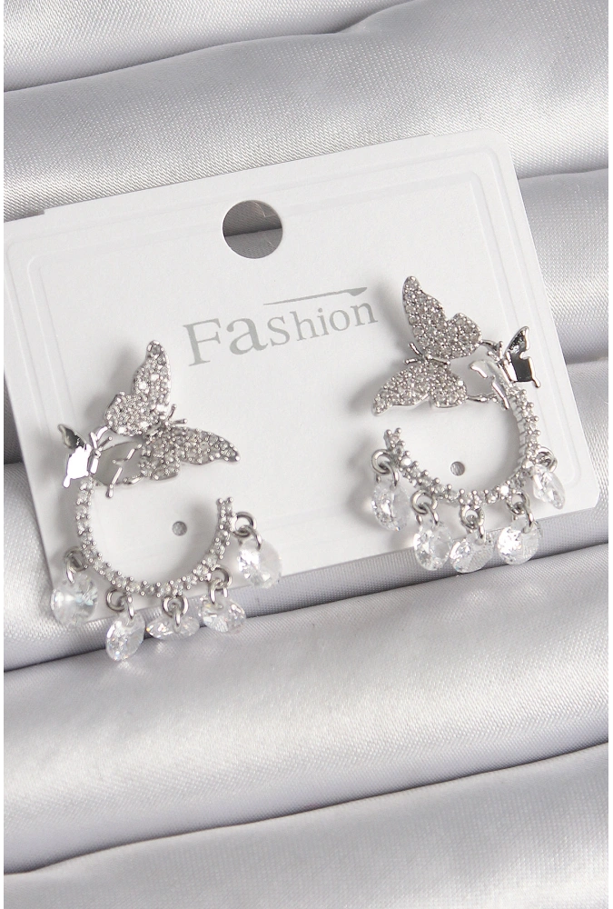 Shoecide Pirinç Gümüş Renk Zirkon Taşlı Sallantı Detay Kelebek Model Kadın Küpe