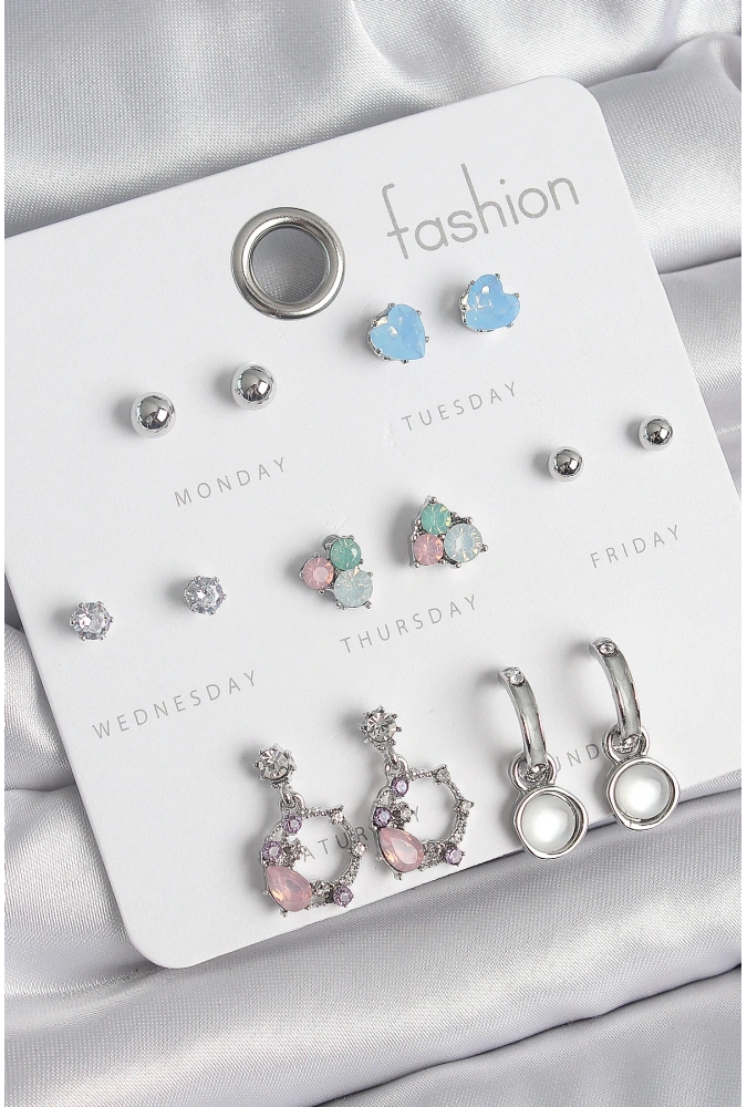 Shoecide Pirinç Gümüş Renk Zirkon Taşlı Sallantı Halka Model Çiçek Detay 7 Çift Kadın Küpe Seti