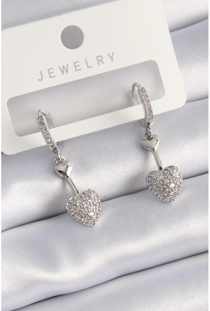 Shoecide Pirinç Gümüş Renk Zirkon Taşlı Sallantı Kalp Model Kadın Küpe