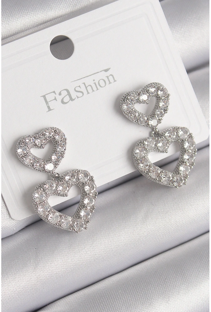 Shoecide Pirinç Gümüş Renk Zirkon Taşlı Sallantı Kalp Model Kadın Küpe