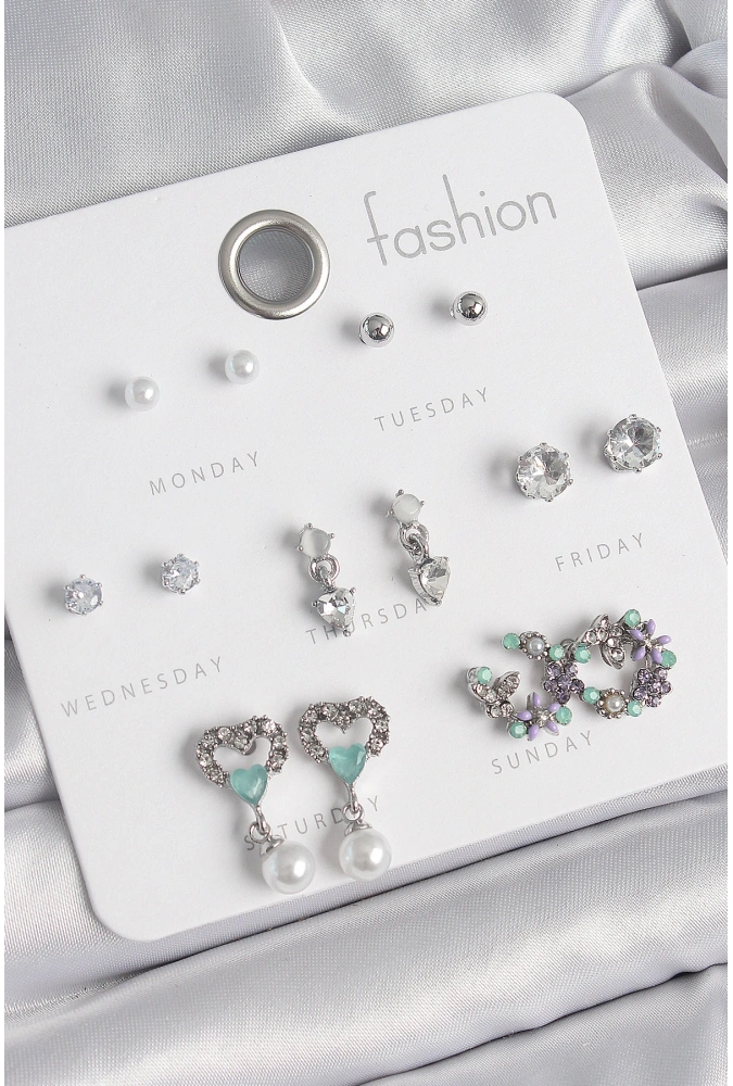 Shoecide Pirinç Gümüş Renk Zirkon Taşlı Sallantılı Kalp Model Çiçek Detay 7 Çift Kadın Küpe Seti