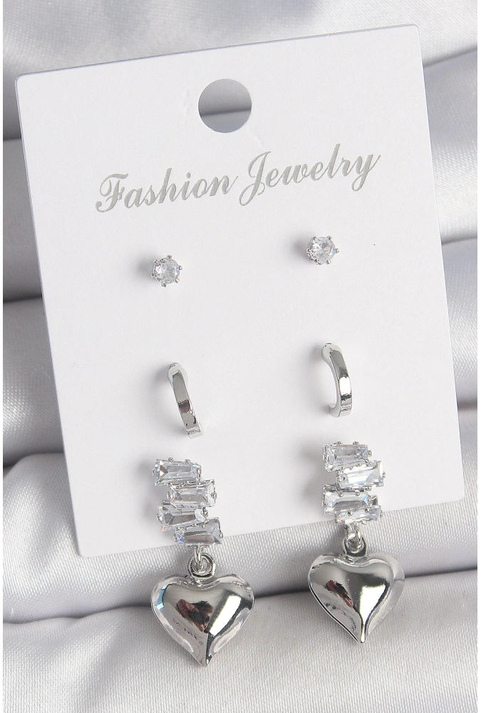Shoecide Pirinç Gümüş Renk Zirkon Taşlı Sallantılı Kalp Model Yarım Halka Detay 3 Çfit Kadın Küpe Seti