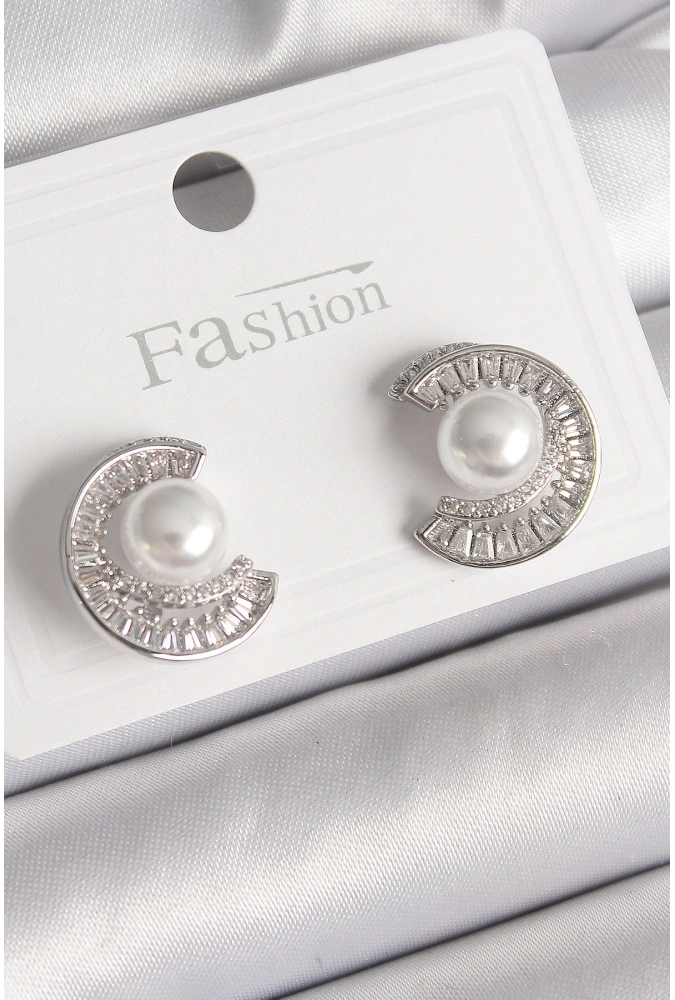 Shoecide Pirinç Gümüş Renk Zirkon Taşlı Salyangoz Model İnci Detay Kadın Küpe