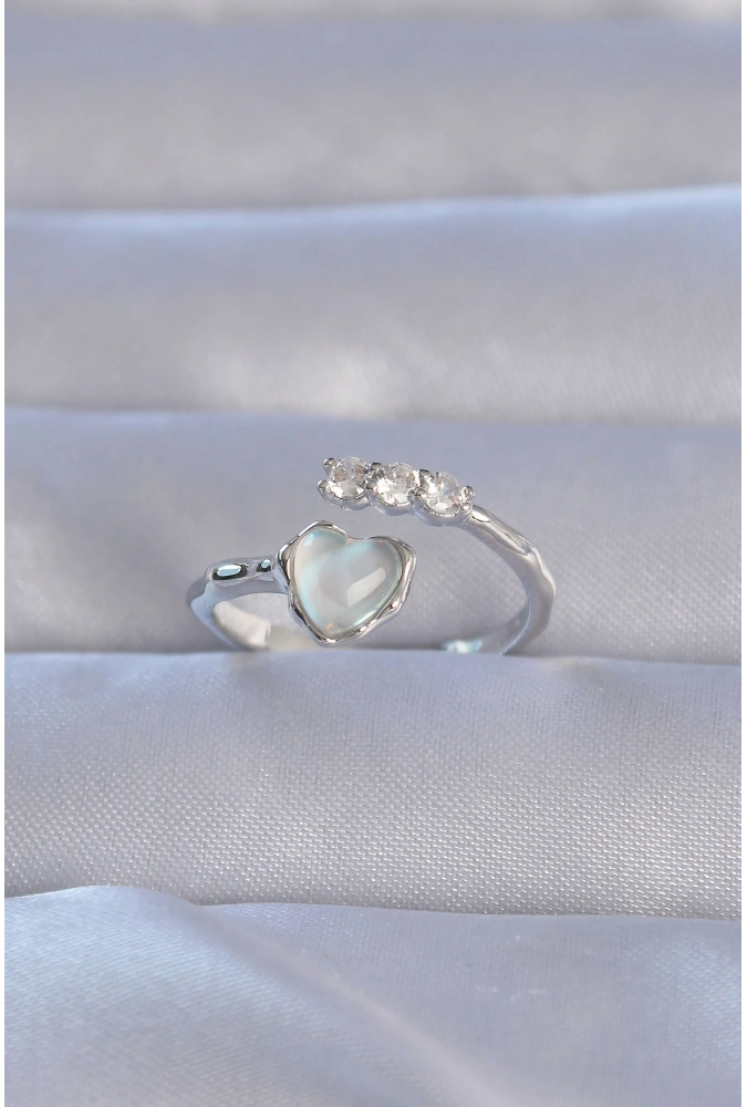 Shoecide Pirinç Gümüş Renk Zirkon Taşlı Sedefli Kalp Model Ayarlanabilir Yüzük