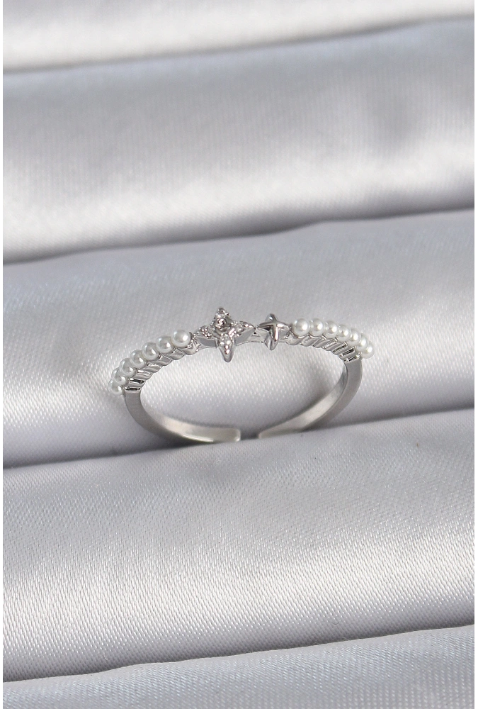 Shoecide Pirinç Gümüş Renk Zirkon Taşlı Sıralı İnci Ayarlanabilir Model Kadın Yüzük