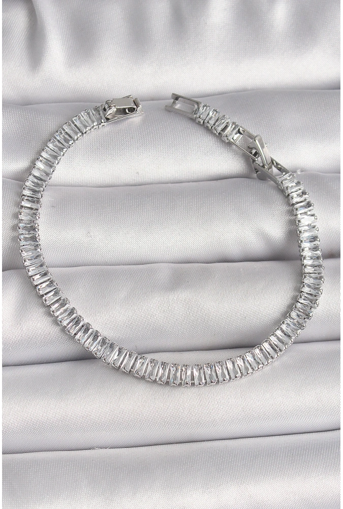 Shoecide Pirinç Gümüş Renk Zirkon Taşlı Su Yolu Model Kadın Bileklik