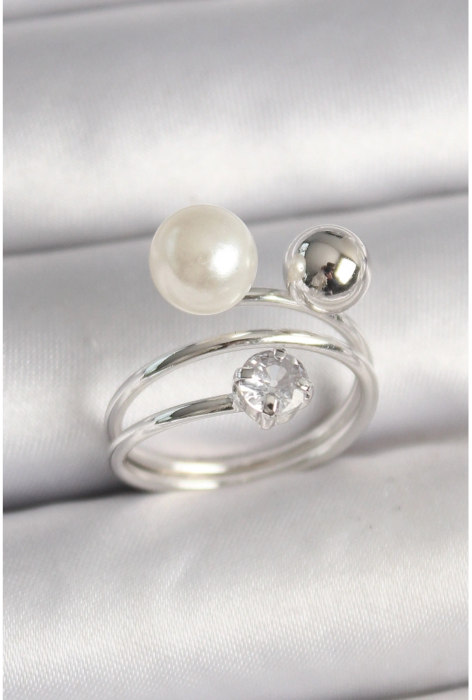 Shoecide Pirinç Gümüş Renk Zirkon Taşlı Toplu İnci Model Kadın Yüzük