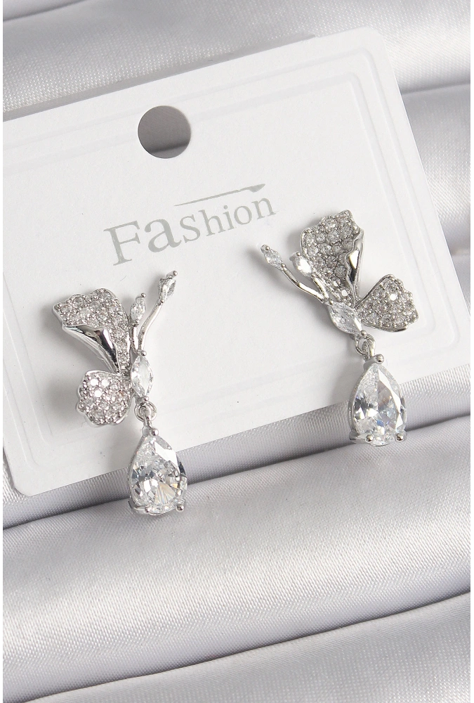 Shoecide Pirinç Gümüş Renk Zirkon Taşlı Turna Kuşu Model Sallantı Detay Kadın Küpe