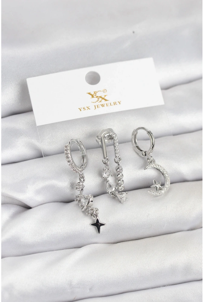 Shoecide Pirinç Gümüş Renk Zirkon Taşlı Uzay Model Ysx Trio Küpe Seti