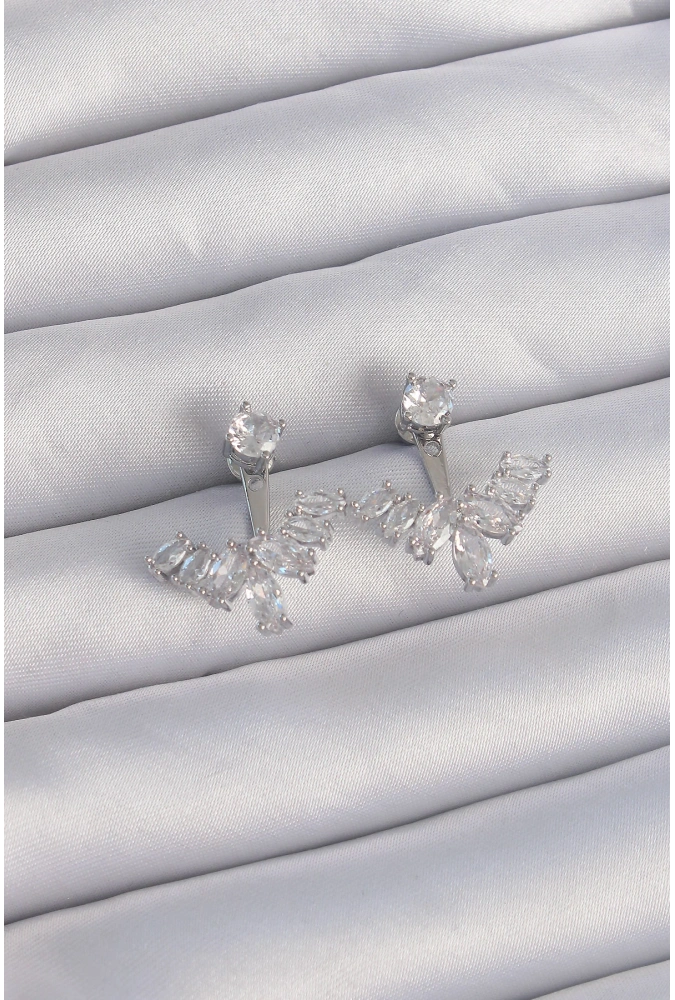 Shoecide Pirinç Gümüş Renk Zirkon Taşlı V Model Küpe