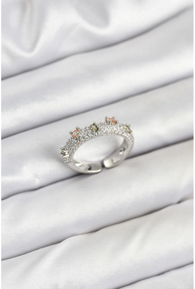 Shoecide Pirinç Gümüş Renk Zirkon Taşlı Vintage Kadın Yüzük