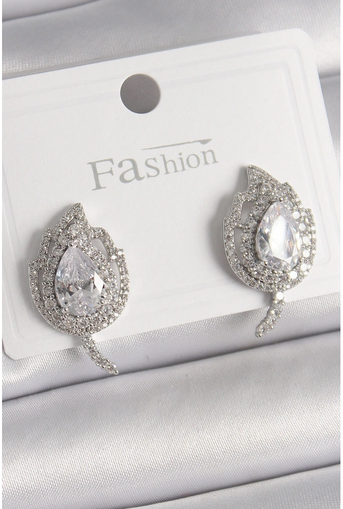 Shoecide Pirinç Gümüş Renk Zirkon Taşlı Yaprak Model Kadın Küpe