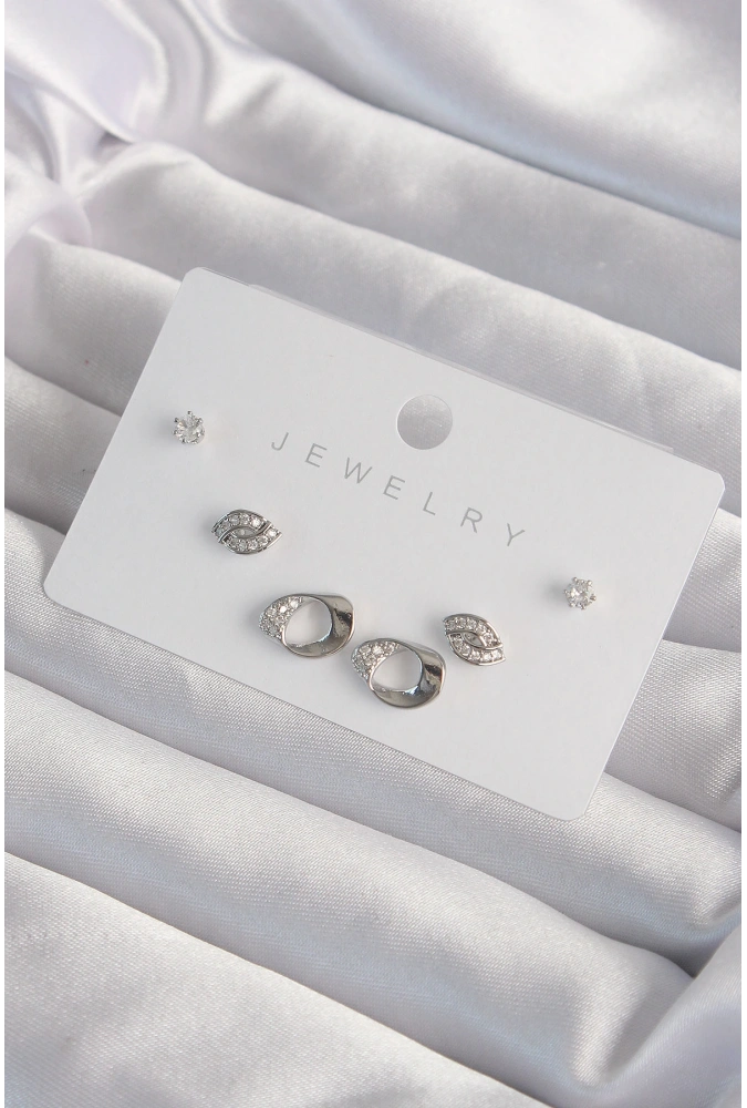 Shoecide Pirinç Gümüş Renk Zirkon Taşlı Yaprak Model Küpe Seti