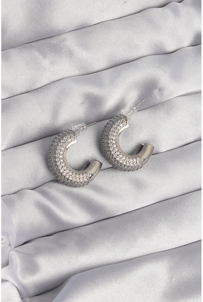 Shoecide Pirinç Gümüş Renk Zirkon Taşlı Yarım Halka Küpe