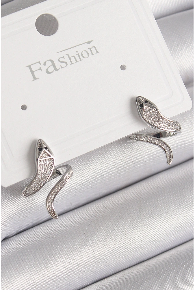 Shoecide Pirinç Gümüş Renk Zirkon Taşlı Yılan Model Kadın Küpe