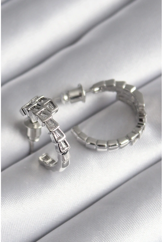 Shoecide Pirinç Gümüş Renk Zirkon Taşlı Yılan Model Kadın Küpe