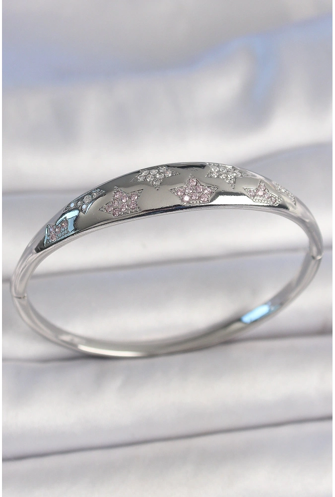 Shoecide Pirinç Gümüş Renk Zirkon Taşlı Yıldız İşlemeli Kadın Kelepçe