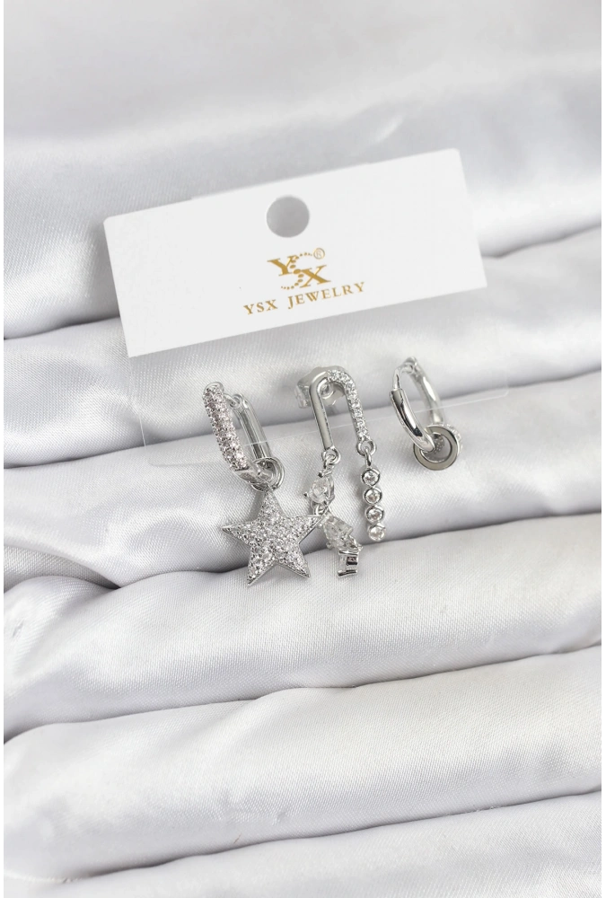 Shoecide Pirinç Gümüş Renk Zirkon Taşlı Yıldız Vintage Model Ysx Trio Küpe Seti