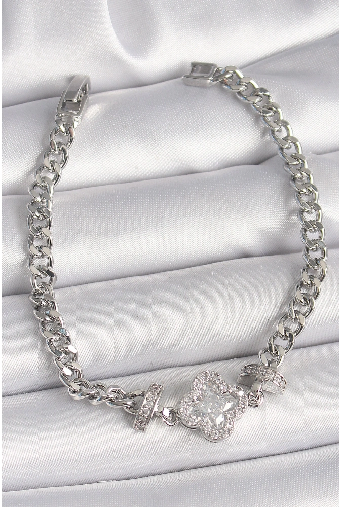 Shoecide Pirinç Gümüş Renk Zirkon Taşlı Yonca Figür Zincir Model Kadın Bileklik