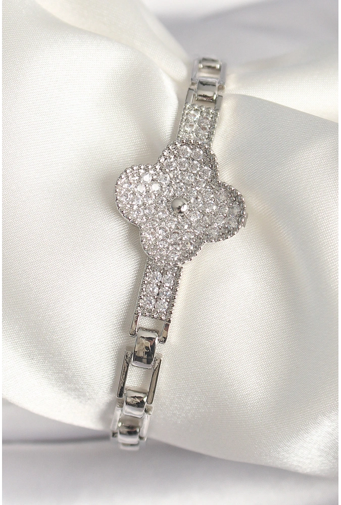 Shoecide Pirinç Gümüş Renk Zirkon Taşlı Yonca Model Kadın Bileklik