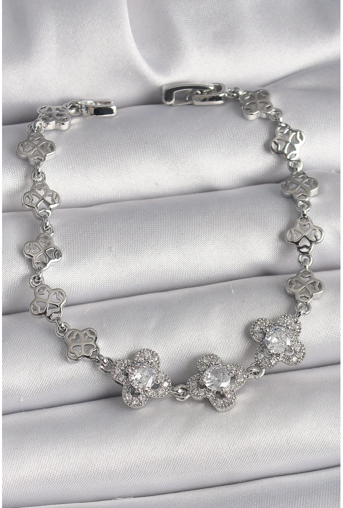 Shoecide Pirinç Gümüş Renk Zirkon Taşlı Yonca Model Kadın Bileklik